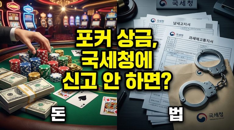 "포커 상금 등 도박 수입에 대한 국세청 신고 미이행의 법적 결과를 대비시키는 분할 스크린 이미지. 왼쪽은 카지노에서 칩과 달러 뭉치를 잡는 손, 오른쪽은 한국 국세청 납세고지서 문서와 수갑. 중앙에는 '포커 상금, 국세청에 신고 안 하면?'이라는 한국어 텍스트."