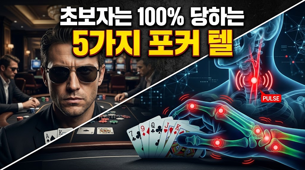 텍사스 홀덤 라이브 게임에서 상대의 심리를 읽는 '포커 텔(Poker Tell)' 분석 인포그래픽. 좌측은 선글라스를 끼고 A, K 카드를 든 완벽한 포커페이스 플레이어를, 우측은 긴장 시 나타나는 목동맥의 맥박(PULSE) 상승과 카드를 쥔 손가락 관절의 미세한 떨림을 엑스레이(X-ray) 그래픽으로 묘사. 상단에 "초보자는 100% 당하는 5가지 포커 텔" 텍스트 포함.