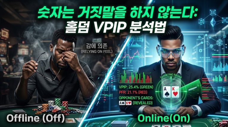 홀덤 VPIP 분석법을 설명하는 인포그래픽. 좌측은 칩을 잃고 감(Relying on feel)에 의존하며 괴로워하는 오프라인(Offline) 플레이어, 우측은 하이테크 글래스를 끼고 상대의 VPIP(25.4%), PFR(21.1%) HUD 통계 데이터를 분석하는 스마트한 온라인(Online) 플레이어를 대비시킴. 상단에 "숫자는 거짓말을 하지 않는다: 홀덤 VPIP 분석법" 타이틀 포함.