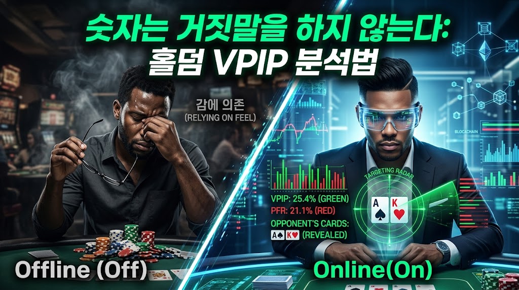 홀덤 VPIP 분석법을 설명하는 인포그래픽. 좌측은 칩을 잃고 감(Relying on feel)에 의존하며 괴로워하는 오프라인(Offline) 플레이어, 우측은 하이테크 글래스를 끼고 상대의 VPIP(25.4%), PFR(21.1%) HUD 통계 데이터를 분석하는 스마트한 온라인(Online) 플레이어를 대비시킴. 상단에 "숫자는 거짓말을 하지 않는다: 홀덤 VPIP 분석법" 타이틀 포함.
