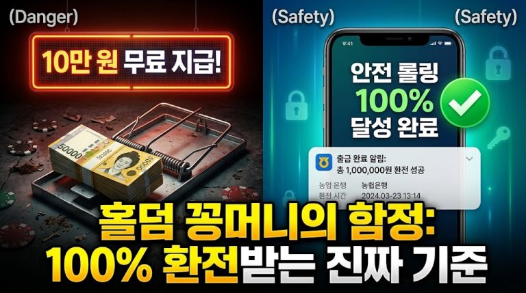 왼쪽은 쥐덫 위 5만 원권 돈다발과 '10만 원 무료 지급!' 네온사인으로 위험성(Danger)을 경고하고, 오른쪽은 스마트폰 화면의 '안전 롤링 100% 달성 완료' 및 100만 원 출금 성공 알림으로 안전성(Safety)을 보여주는 그래픽. 하단에 '홀덤 꽁머니의 함정: 100% 환전받는 진짜 기준' 텍스트 포함.