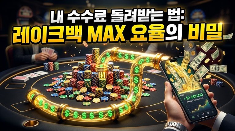 온라인 홀덤 레이크백 환급 시스템을 표현한 3D 인포그래픽. 카지노 테이블 중앙에 산처럼 쌓인 포커 칩 무더기에서 투명한 황금 파이프가 연결되어, 플레이어의 스마트폰 지갑 화면(+ $1,500.00 Rakeback Maximized)으로 수수료가 달러 지폐와 금화로 쏟아져 들어오는 모습을 묘사. 상단에 "내 수수료 돌려받는 법: 레이크백 MAX 요율의 비밀" 타이틀 포함.