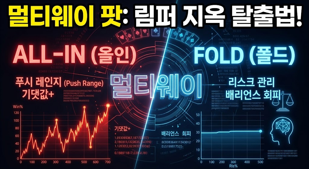 '멀티웨이 팟: 림퍼 지옥 탈출법!'이라는 제목의 홀덤 포커 전략 데이터 시각화 인포그래픽. 왼쪽은 빨간색으로 'ALL-IN (올인)' 전략의 기댓값과 푸시 레인지를 꺾은선 그래프로 보여주고, 오른쪽은 파란색으로 'FOLD (폴드)' 전략의 리스크 관리와 배리언스 회피를 계단형 그래프로 보여줍니다. 배경에는 어둡게 깔린 포커 카드와 네온 사인 스타일의 텍스트가 있습니다."