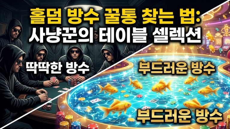 홀덤 방수 꿀통 찾는 법과 테이블 셀렉션 전략을 대비시킨 인포그래픽. 좌측은 검은 후드와 선글라스를 낀 위협적인 플레이어들이 앉아 있는 '딱딱한 방수' 테이블을 묘사하고, 우측은 포커 칩과 카드 사이로 수많은 금붕어(피쉬)들이 맑은 물속을 헤엄치는 '부드러운 방수(꿀통)' 테이블을 시각화. 상단에 "홀덤 방수 꿀통 찾는 법: 사냥꾼의 테이블 셀렉션" 텍스트 포함.