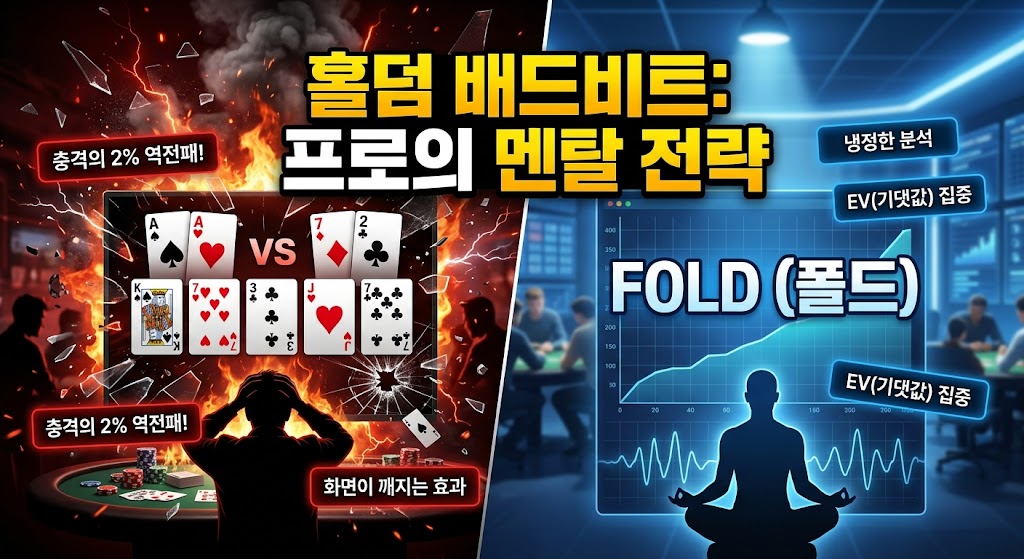 "홀덤 배드비트 충격과 프로의 냉정한 멘탈 전략을 대조하는 분할 웹툰 이미지. 왼쪽은 AA 패배 보드와 절망한 플레이어, 오른쪽은 폴드(Fold), 리스크 관리 그래프, 명상 아이콘을 보여준다. 상단 타이틀 '홀덤 배드비트: 프로의 멘탈 전략'."