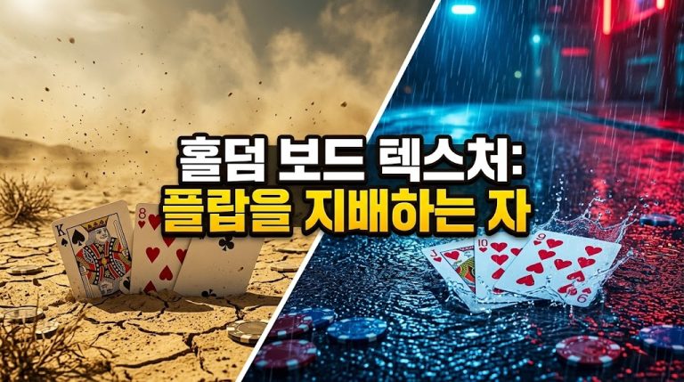 메마른 사막 배경의 드라이 보드(K, 8 카드)와 비 내리는 네온사인 배경의 웻 보드(J, 10, 9 하트)를 대비시켜 홀덤 보드 텍스처와 플랍 전략을 설명하는 인포그래픽.