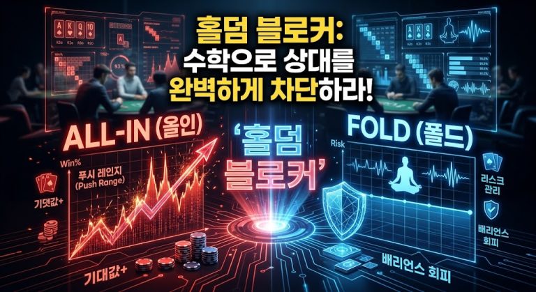 "미래 지향적인 어두운 배경에 ''홀덤 블로커'"라는 빛나는 중앙 글자를 중심으로 화면이 선명하게 두 갈래로 나뉩니다. 상단에는 노란색과 흰색으로 **'홀덤 블로커: 수학으로 상대를 완벽하게 차단하라!'**라고 적혀 있습니다. 왼쪽은 붉은색 테마로 'ALL-IN (올인)' 글자와 '푸시 레인지 (Push Range)', '기댓값+' 데이터가 포함된 요동치며 치솟는 승리 확률 그래프가 있습니다. 오른쪽은 푸른색 테마로 'FOLD (폴드)' 글자와 '리스크 관리', '배리언스 회피' 데이터가 포함된 평탄한 리스크 관리 그래프 및 평정심 아이콘이 있습니다."