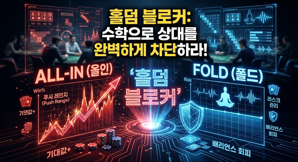 "미래 지향적인 어두운 배경에 ''홀덤 블로커'"라는 빛나는 중앙 글자를 중심으로 화면이 선명하게 두 갈래로 나뉩니다. 상단에는 노란색과 흰색으로 **'홀덤 블로커: 수학으로 상대를 완벽하게 차단하라!'**라고 적혀 있습니다. 왼쪽은 붉은색 테마로 'ALL-IN (올인)' 글자와 '푸시 레인지 (Push Range)', '기댓값+' 데이터가 포함된 요동치며 치솟는 승리 확률 그래프가 있습니다. 오른쪽은 푸른색 테마로 'FOLD (폴드)' 글자와 '리스크 관리', '배리언스 회피' 데이터가 포함된 평탄한 리스크 관리 그래프 및 평정심 아이콘이 있습니다."