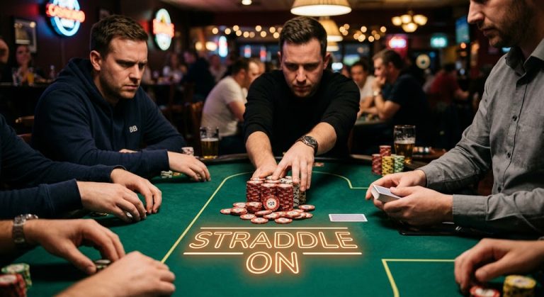 어두운 펍의 긴장감 넘치는 포커 캐시게임 테이블에서 UTG 플레이어(검은색 셔츠, 시계 착용)가 카드를 받기 전 거대한 $20 스택의 칩을 딜러에게 도발적으로 밀어 넣는 장면. 테이블 펠트 위 'STRADDLE ON' 네온 그래픽이 은은하게 빛나고, 주변 플레이어들이 당황하거나 눈을 가늘게 뜨고 쳐다보고 있다. bokeh 조명 배경."