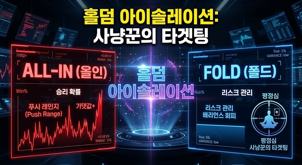 텍사스 홀덤 아이솔레이션 전략 분석 HUD. 붉은색의 올인(ALL-IN) 기댓값 및 승리 확률 그래프와 푸른색의 폴드(FOLD) 리스크 관리 및 평정심 유지 상태를 대조하여 보여주는 그래픽.