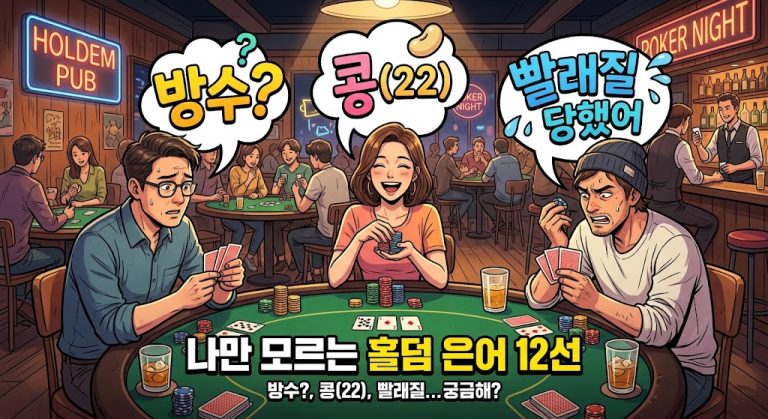 "활기찬 홀덤 펍에서 3명의 포커 플레이어가 게임 중 대화하는 웹툰 스타일 일러스트. 그들의 머리 위 말풍선에는 '방수?', '콩(22)', '빨래질 당했어'라는 한국어 홀덤 은어가 코믹하게 적혀 있으며, 하단에는 '나만 모르는 홀덤 은어 12선'이라는 제목과 추가 은어 설명이 보인다. 배경에는 더 많은 테이블과 네온 사인이 있다."