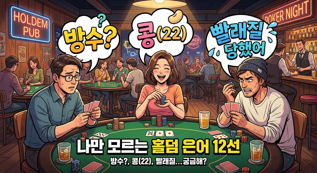"활기찬 홀덤 펍에서 3명의 포커 플레이어가 게임 중 대화하는 웹툰 스타일 일러스트. 그들의 머리 위 말풍선에는 '방수?', '콩(22)', '빨래질 당했어'라는 한국어 홀덤 은어가 코믹하게 적혀 있으며, 하단에는 '나만 모르는 홀덤 은어 12선'이라는 제목과 추가 은어 설명이 보인다. 배경에는 더 많은 테이블과 네온 사인이 있다."
