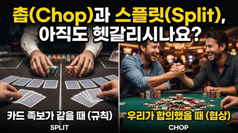 "촙(Chop)과 스플릿(Split)의 차이를 설명하는 분할 화면 포커 썸네일. 상단 제목 '촙(Chop)과 스플릿(Split), 아직도 헷갈리시나요?'. 왼쪽 (SPLIT): 딜러가 카드 족보가 같은 패를 배치하고 칩을 공평하게 나누는 비주얼과 '카드 족보가 같을 때 (규칙)' 설명. 오른쪽 (CHOP): 두 명이 합의하여 악수하거나 건배하는 비주얼과 '우리가 합의했을 때 (협상)' 설명."