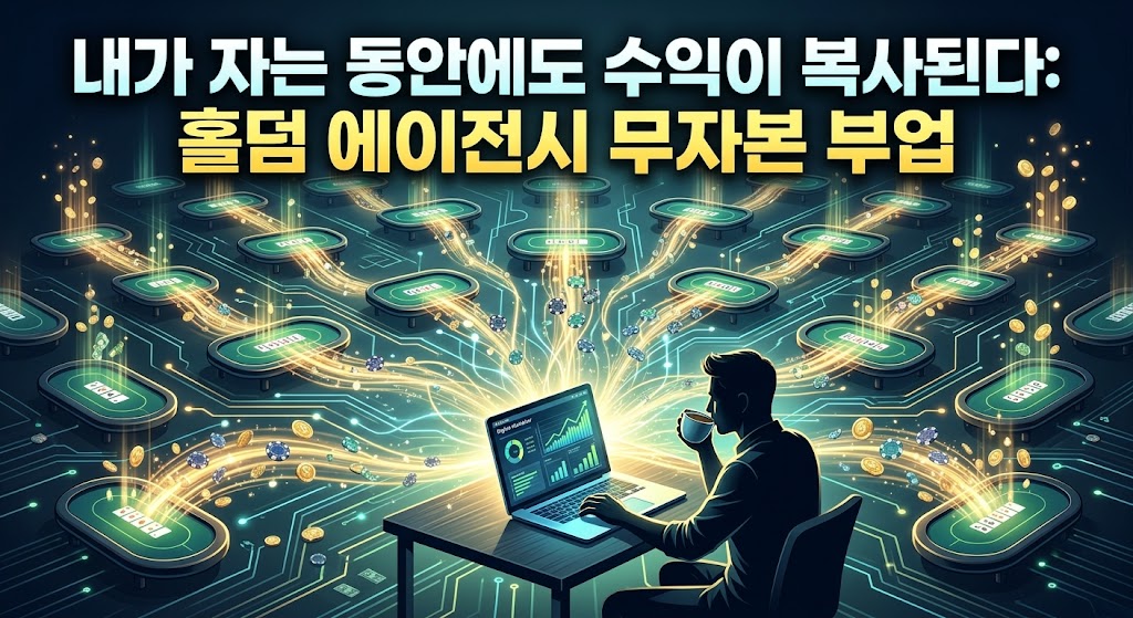 홀덤 에이전시 수익 자동화 시스템을 표현한 3D 인포그래픽. 수많은 온라인 홀덤 테이블에서 발생한 카지노 칩과 황금빛 데이터 파이프라인이 여유롭게 커피를 마시는 남자의 노트북 대시보드로 끊임없이 모여드는 모습을 시각화. 상단에 '내가 자는 동안에도 수익이 복사된다: 홀덤 에이전시 무자본 부업' 텍스트 포함.