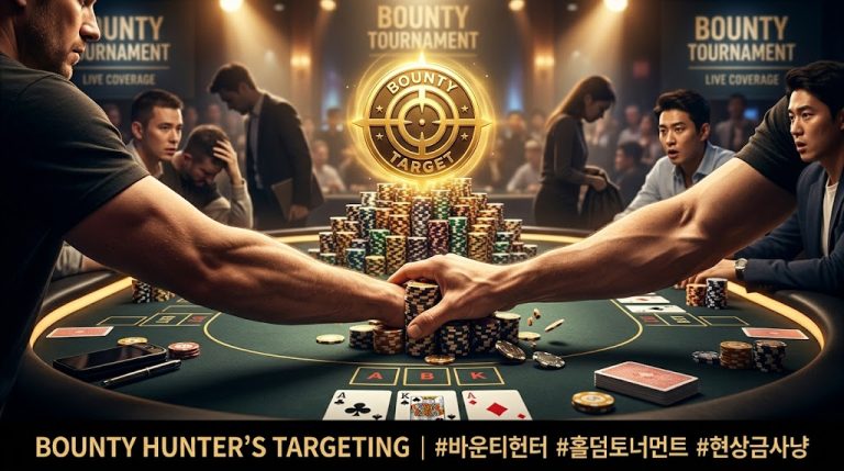 "생중계되는 고전력 홀덤 토너먼트 경기장 장면. 전경에는 두 명의 매우 근육질인 플레이어의 팔이 양쪽에서 중앙의 산더미 같은 포커 칩 스택을 꽉 쥐고 있다. 거대한 칩 스택 꼭대기에는 빛나는 황금색 'BOUNTY TARGET' 메달이 놓여 있다. 경기장 뒤로는 'BOUNTY TOURNAMENT' 및 'LIVE COVERAGE' 배너가 흐릿하게 보이며, 관중이 경기를 관람하고 있다. 테이블 위에는 스페이드 에이스와 하트 킹 같은 포커 카드가 깔려 있다. 하단 텍스트 배너에는 'BOUNTY HUNTER'S TARGETING | #바운티헌터 #홀덤토너먼트 #현상금사냥'이라고 적혀 있어, 이 이미지의 핵심 경쟁 주제를 명확히 보여준다."