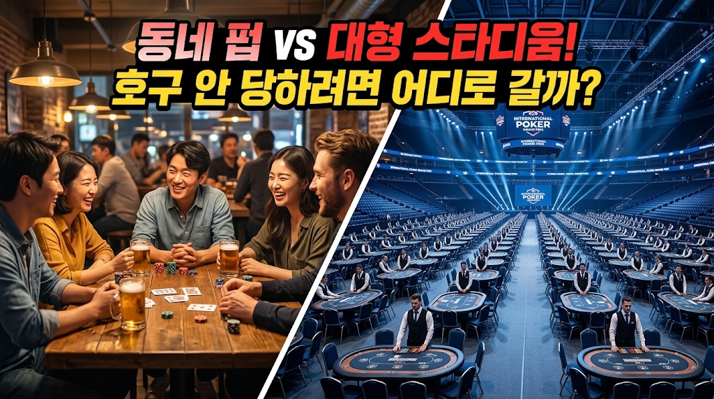 오프라인 홀덤펍과 대형 토너먼트 스타디움의 환경을 반으로 나누어 비교하는 인포그래픽 썸네일 이미지. 좌측은 지인들과 맥주를 마시며 캐주얼하게 카드 게임을 즐기는 친근한 분위기의 동네 펍, 우측은 수많은 딜러와 포커 테이블이 정렬된 압도적 규모의 대형 토너먼트 스타디움 경기장. 상단 중앙에 '동네 펍 vs 대형 스타디움! 호구 안 당하려면 어디로 갈까?' 메인 타이틀 텍스트 포함.