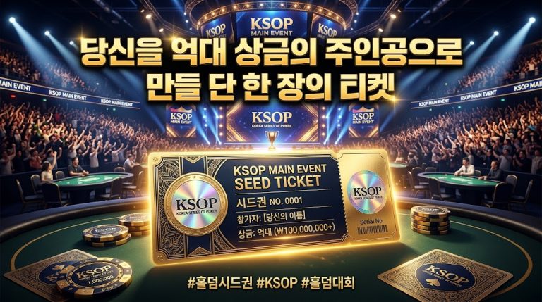 "수천 명의 관중이 가득 찬 웅장한 홀덤 경기장 아레나 무대 앞에 놓인 금빛 KSOP 메인 이벤트 시드권 티켓. 티켓에는 'KSOP MAIN EVENT SEED TICKET', '시드권 NO. 0001', '상금: 억대 (₩100,000,000+)'라고 적혀 있다. 무대 위에는 우승 컵과 LED 스크린에 'KSOP', 'KOREA SERIES OF POKER' 로고가 표시되어 있으며, 전경에는 포커 칩 스택과 다른 테이블들이 보인다. 상단에는 '당신을 억대 상금의 주인공으로 만들 단 한 장의 티켓'이라는 문구가 있다."