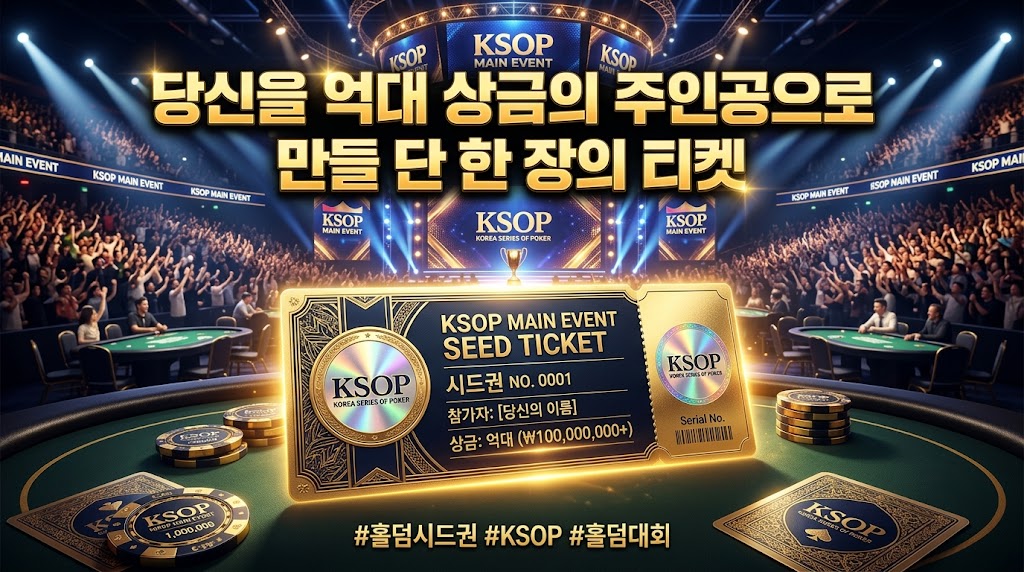 "수천 명의 관중이 가득 찬 웅장한 홀덤 경기장 아레나 무대 앞에 놓인 금빛 KSOP 메인 이벤트 시드권 티켓. 티켓에는 'KSOP MAIN EVENT SEED TICKET', '시드권 NO. 0001', '상금: 억대 (₩100,000,000+)'라고 적혀 있다. 무대 위에는 우승 컵과 LED 스크린에 'KSOP', 'KOREA SERIES OF POKER' 로고가 표시되어 있으며, 전경에는 포커 칩 스택과 다른 테이블들이 보인다. 상단에는 '당신을 억대 상금의 주인공으로 만들 단 한 장의 티켓'이라는 문구가 있다."
