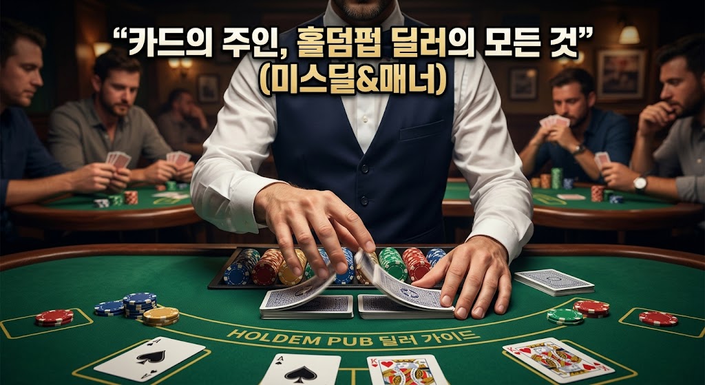 "오프라인 홀덤펍의 살짝 어두운 조명 아래, 숙련된 딜러의 손이 중앙에 배치되어 녹색 펠트 테이블 위에서 카드를 세련되게 섞는(셔플) 역동적인 모습. 딜러는 깔끔한 셔츠와 베스트를 입고 있으며, 다른 한 손은 정리된 팟(판돈) 칩 옆에 놓였다. 배경에는 흐릿하게 플레이어들의 모습이 보인다. 상단에 굵고 흰색/노란색 폰트로 '카드의 주인, 홀덤펍 딜러의 모든 것 (미스딜&매너)'이라는 텍스트가 배치되었다."