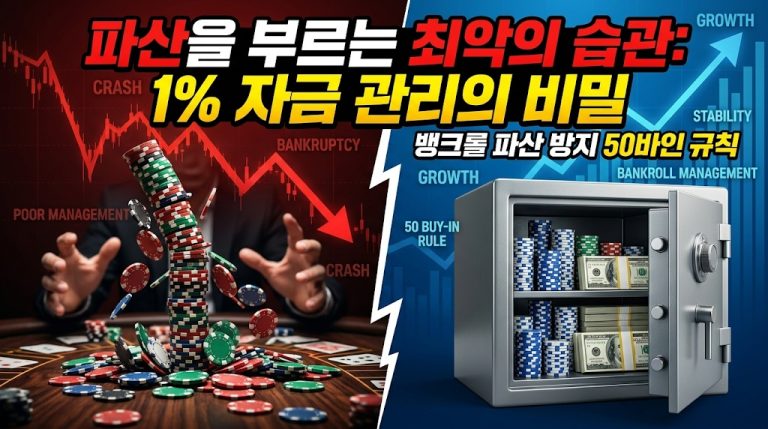 올바른 뱅크롤(Bankroll) 관리의 중요성을 보여주는 홀덤 전략 인포그래픽 썸네일. 이미지가 반으로 나뉘어 있으며, 좌측은 붉은색 하락 그래프(CRASH) 아래로 카지노 칩 탑이 무너지는 파산 상황을 묘사하고, 우측은 푸른색 상승 그래프(GROWTH)와 함께 안전한 금고 속에 현금과 칩이 가득 쌓여있는 성공적인 자금 관리를 보여줌. 상단에 '파산을 부르는 최악의 습관: 1% 자금 관리의 비밀 / 뱅크롤 파산 방지 50바인 규칙' 메인 타이틀 포함.