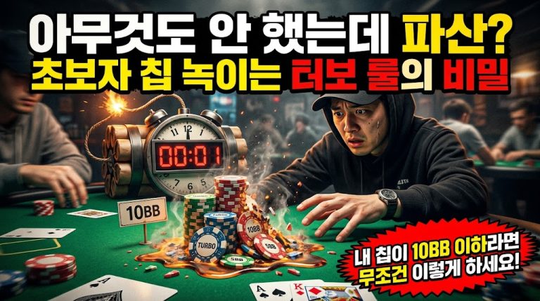"홀덤펍 블라인드 터보 토너먼트에서 10BB 미만의 숏스택 플레이어가 칩이 녹아내리는 것을 보고 당황하는 모습. 거대한 시한폭탄 타이머와 함께 'TURBO'라고 쓰인 칩들이 모래성처럼 녹아내리며 '10BB', '5BB' 남은 칩 라벨을 보여준다. 상단에 "아무것도 안 했는데 파산? 초보자 칩 녹이는 터보 룰의 비밀", 우측 하단에 "내 칩이 10BB 이하라면 무조건 이렇게 하세요!"라는 경고 딱지가 배치된 역동적인 포커 토너먼트 썸네일."