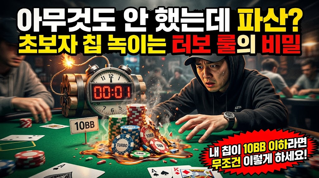 "홀덤펍 블라인드 터보 토너먼트에서 10BB 미만의 숏스택 플레이어가 칩이 녹아내리는 것을 보고 당황하는 모습. 거대한 시한폭탄 타이머와 함께 'TURBO'라고 쓰인 칩들이 모래성처럼 녹아내리며 '10BB', '5BB' 남은 칩 라벨을 보여준다. 상단에 "아무것도 안 했는데 파산? 초보자 칩 녹이는 터보 룰의 비밀", 우측 하단에 "내 칩이 10BB 이하라면 무조건 이렇게 하세요!"라는 경고 딱지가 배치된 역동적인 포커 토너먼트 썸네일."