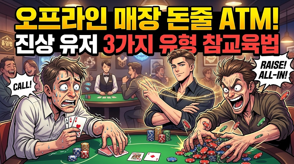 오프라인 홀덤펍 매장에서 진상 유저들의 심리를 역이용하는 참교육 공략법을 묘사한 코믹한 웹툰 스타일의 썸네일 이미지. 좌측에는 진땀을 흘리며 겁먹은 표정으로 'CALL!'을 외치는 초보 유저, 우측에는 분노에 차 칩을 밀어 넣으며 'RAISE! ALL-IN!'을 외치는 매니악 유저가 대비됨. 그 중앙에는 이 상황을 완벽하게 통제하며 여유로운 미소를 짓고 있는 프로 플레이어의 모습이 그려져 있음. 상단에 '오프라인 매장 돈줄 ATM! 진상 유저 3가지 유형 참교육법' 메인 타이틀 포함.