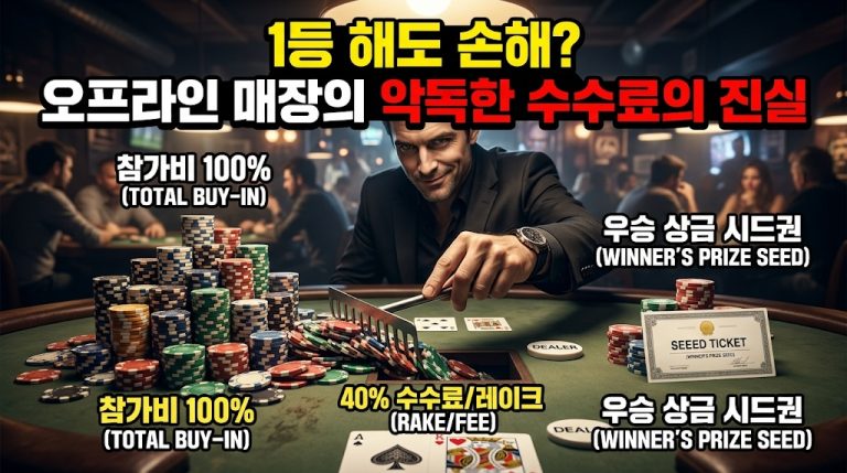 오프라인 홀덤펍 매장의 과도한 수수료(레이크) 구조를 꼬집는 인포그래픽 썸네일. 어두운 홀덤펍 배경에서 비열하게 웃는 매장 관계자(딜러)가 갈퀴를 이용해 테이블 중앙의 칩을 쓸어가고 있음. 좌측에는 거대한 칩 탑 위로 '참가비 100% (TOTAL BUY-IN)'가 적혀있고, 갈퀴로 쓸려가는 칩에는 '40% 수수료/레이크 (RAKE/FEE)', 우측의 초라한 보상에는 '우승 상금 시드권 (WINNER'S PRIZE SEED)'이라고 명시되어 명확한 대비를 이룸. 상단에 '1등 해도 손해? 오프라인 매장의 악독한 수수료의 진실' 메인 타이틀 포함.