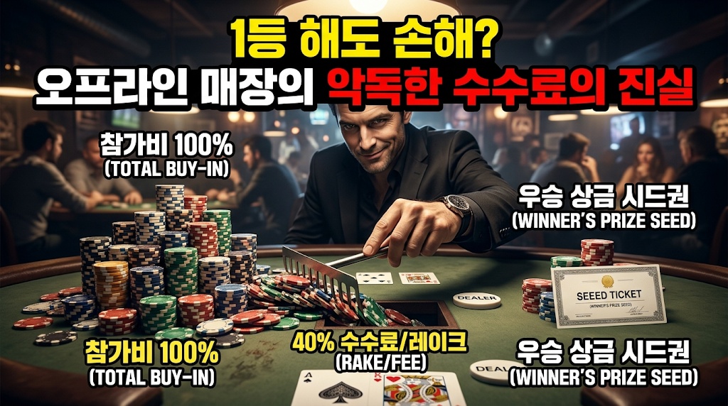 오프라인 홀덤펍 매장의 과도한 수수료(레이크) 구조를 꼬집는 인포그래픽 썸네일. 어두운 홀덤펍 배경에서 비열하게 웃는 매장 관계자(딜러)가 갈퀴를 이용해 테이블 중앙의 칩을 쓸어가고 있음. 좌측에는 거대한 칩 탑 위로 '참가비 100% (TOTAL BUY-IN)'가 적혀있고, 갈퀴로 쓸려가는 칩에는 '40% 수수료/레이크 (RAKE/FEE)', 우측의 초라한 보상에는 '우승 상금 시드권 (WINNER'S PRIZE SEED)'이라고 명시되어 명확한 대비를 이룸. 상단에 '1등 해도 손해? 오프라인 매장의 악독한 수수료의 진실' 메인 타이틀 포함.