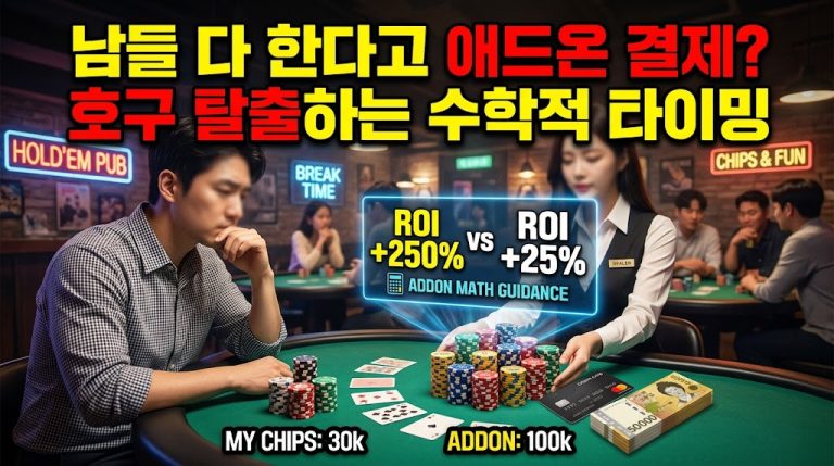 "생동감 넘치는 온라인 포커 홀덤펍 경기장 배경. 전경에는 짙은색 셔츠를 입고 고민에 잠긴 한국인 남성 플레이어가 30,000칩 스택 앞에 앉아 있다. 그 맞은편에 흰색 셔츠와 검은색 베스트를 입은 전문 여성 딜러가 100,000칩 추가 애드온 스택과 50,000원권 현금 뭉치, 신용카드를 내밀고 있다. 딜러와 플레이어 사이에는 'ROI +250% vs ROI +25%'라는 수학적 수익률 비교와 'ADDON MATH GUIDANCE'라는 텍스트가 적힌 홀로그램 계산기 그래픽이 떠 있다. 상단에는 '남들 다 한다고 애드온 결제? 호구 탈출하는 수학적 타이밍'이라는 굵고 노란색/빨간색 텍스트가 있으며, 하단에는 'MY CHIPS: 30k', 'ADDON: 100k'라는 텍스트가 포함되어 있어, 이 이미지의 핵심 주제와 가치를 명확히 보여준다."