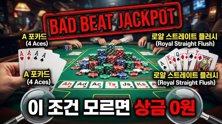 텍사스 홀덤의 배드빗 잭팟(Bad Beat Jackpot) 인정 조건을 설명하는 인포그래픽 썸네일 이미지. 카지노 홀덤 테이블 중앙에 산처럼 쌓인 칩을 사이에 두고, 좌측 플레이어는 'A 포카드 (4 Aces)', 우측 플레이어는 '로얄 스트레이트 플러시 (Royal Straight Flush)'라는 몬스터 족보를 들고 대결하는 극적인 상황을 묘사. 화면 하단에는 돋보기 그래픽과 함께 '이 조건 모르면 상금 0원'이라는 붉은색 경고 텍스트가 배치되어 있음.