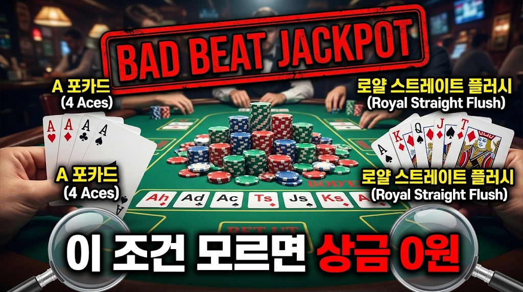 텍사스 홀덤의 배드빗 잭팟(Bad Beat Jackpot) 인정 조건을 설명하는 인포그래픽 썸네일 이미지. 카지노 홀덤 테이블 중앙에 산처럼 쌓인 칩을 사이에 두고, 좌측 플레이어는 'A 포카드 (4 Aces)', 우측 플레이어는 '로얄 스트레이트 플러시 (Royal Straight Flush)'라는 몬스터 족보를 들고 대결하는 극적인 상황을 묘사. 화면 하단에는 돋보기 그래픽과 함께 '이 조건 모르면 상금 0원'이라는 붉은색 경고 텍스트가 배치되어 있음.