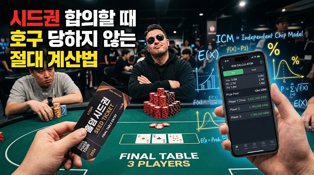 홀덤 파이널 테이블 3인(FINAL TABLE 3 PLAYERS) 상황에서 시드권 합의 시 손해를 방지하는 ICM 계산법을 묘사한 인포그래픽 썸네일. 좌측 하단에는 '서울 홀덤 포커 투어 시드권(SEED TICKET)'을 쥐고 있고, 우측에는 수학 공식(ICM = Independent Chip Model)이 홀로그램처럼 떠 있는 스마트폰 'ICM CALCULATOR' 앱 화면을 들고 있음. 중앙에는 선글라스를 낀 칩 리더가 팔을 꼬고 여유롭게 앉아 있으며, 상단에 '시드권 합의할 때 호구 당하지 않는 절대 계산법' 메인 타이틀 텍스트 포함.