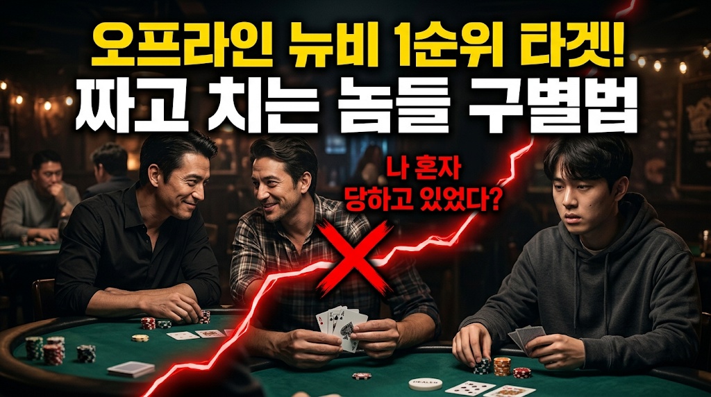오프라인 홀덤펍에서 팀플(짱구) 사기를 치는 두 명의 플레이어와 이를 모르고 당하는 초보 유저의 모습을 대비시킨 인포그래픽 썸네일. 중앙에 붉은색 번개 이펙트와 X자 마크가 대립 구도를 만들고 있으며, 상단에 '오프라인 뉴비 1순위 타겟! 짜고 치는 놈들 구별법'과 '나 혼자 당하고 있었다?'라는 메인 경고 텍스트가 배치되어 있음.