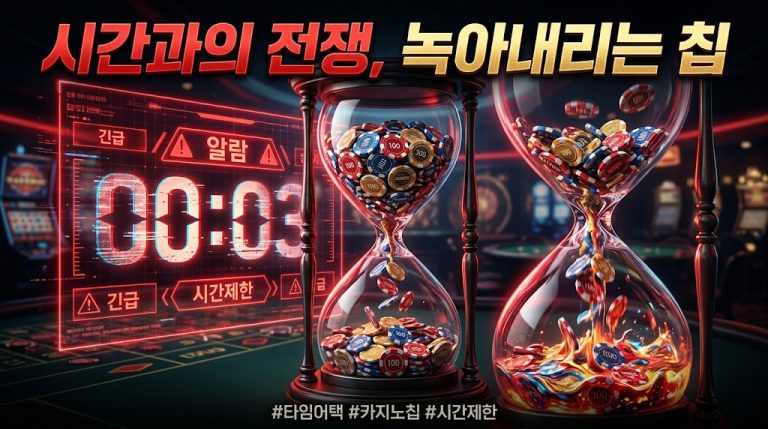 "생동감 넘치는 카지노 경기장 배경. 전경에는 두 개의 웅장한 모래시계가 놓여 있으며, 왼쪽 모래시계에는 다채로운 포커 칩 산더미가, 오른쪽 모래시계에는 녹아내려 '100'이라고 적힌 칩들이 있다. 뒤로는 '긴급', '알람', '00:03', '시간제한'이라는 붉은색 홀로그램 경고 배너와 'GOAL! 777' 같은 라이브 스코어 배너가 흐릿하게 보인다. 상단에는 '시간과의 전쟁, 녹아내리는 칩'이라는 문구가 있으며, 하단에는 필수 한국어 해시태그 '#타임어택 #카지노칩 #시간제한'이 포함되어 있어, 이 이미지의 핵심 주제를 명확히 보여준다."