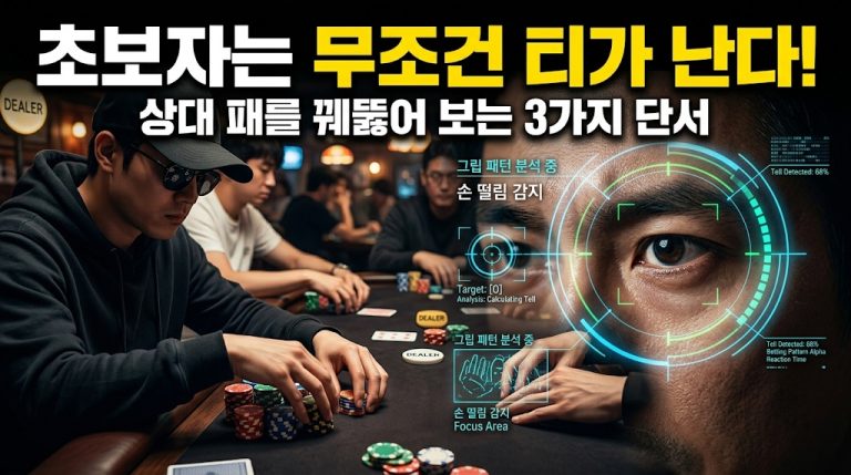 오프라인 텍사스 홀덤 테이블에서 상대방의 텔(Tell)을 분석하는 심리전 공략 인포그래픽 썸네일. 좌측에는 선글라스와 후드티로 포커페이스를 유지한 플레이어가 칩을 배팅하고 있으며, 우측에는 상대방의 동공 움직임과 칩을 쥔 손의 떨림을 분석하는 사이버틱한 타겟팅 HUD 그래픽이 오버랩되어 있음. 상단에 '초보자는 무조건 티가 난다! 상대 패를 꿰뚫어 보는 3가지 단서' 메인 타이틀 텍스트 포함.