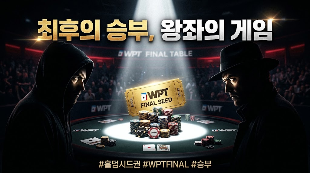 "생중계되는 고전력 텍사스 홀덤 포커 WPT 파이널 테이블 경기장 장면. 전경에는 두 명의 매우 근육질인 플레이어의 팔이 양쪽에서 중앙의 산더미 같은 포커 칩 스택을 꽉 쥐고 있다. 거대한 칩 스택 꼭대기에는 빛나는 황금색 'WPT FINAL SEED' 티켓 메달이 놓여 있다. 경기장 뒤로는 'WPT FINAL TABLE' 및 'LIVE COVERAGE' 배너가 흐릿하게 보이며, 관중이 경기를 관람하고 있다. 테이블 위에는 스페이드 에이스와 하트 킹 같은 포커 카드가 깔려 있다. 상단에는 '최후의 승부, 왕좌의 게임'이라는 텍스트가, 하단 텍스트 배너에는 '#홀덤시드권 #WPTFINAL #승부'라고 적혀 있어, 이 이미지의 핵심 경쟁 주제와 가치를 명확히 보여준다."