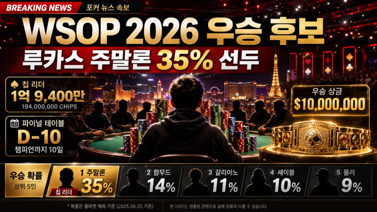 WSOP 2026 파이널 테이블 우승 후보 루카스 주말론 35% 선두와 1,000만 달러 우승 상금을 강조한 포커 뉴스 이미지