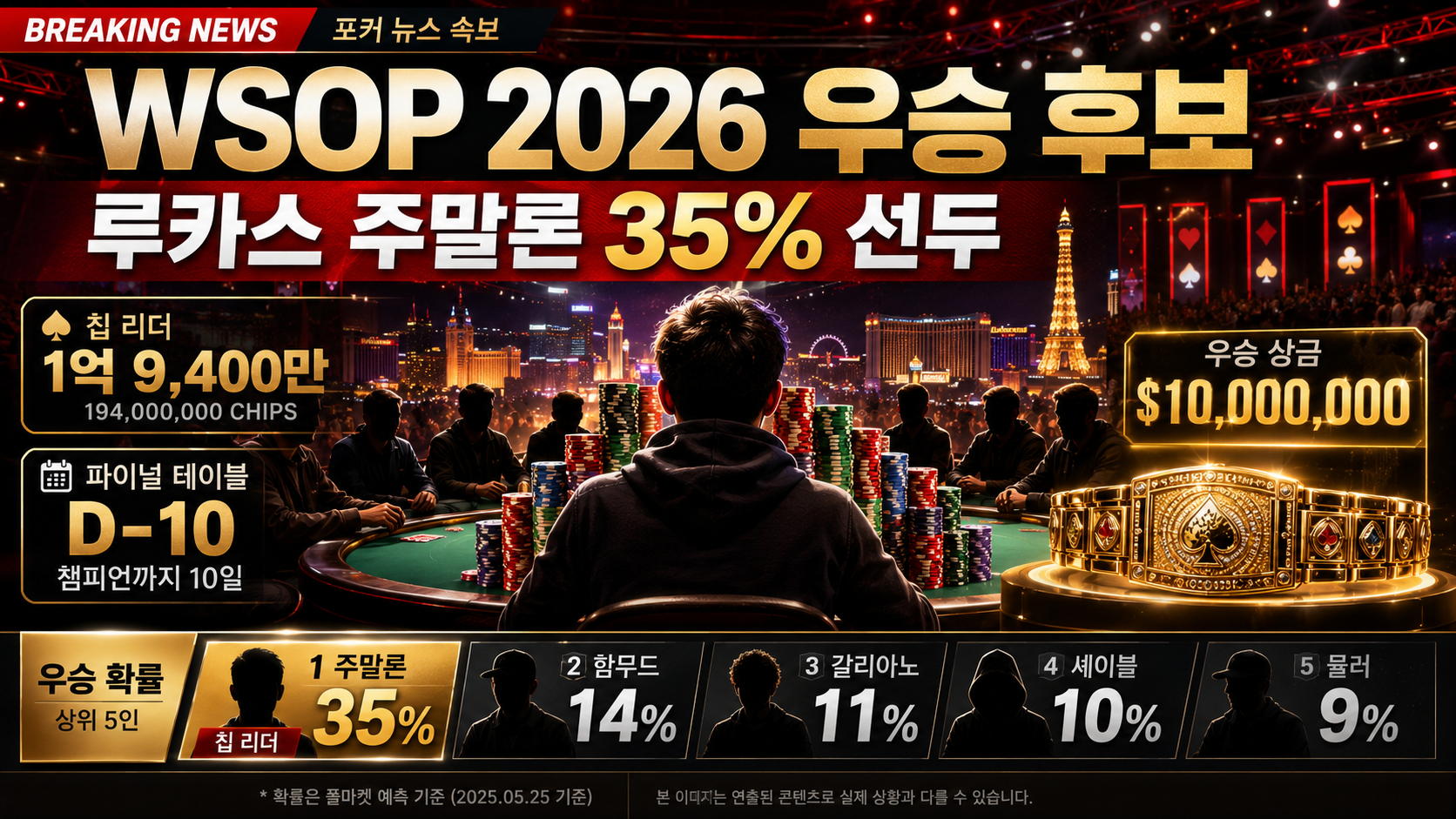WSOP 2026 파이널 테이블 우승 후보 루카스 주말론 35% 선두와 1,000만 달러 우승 상금을 강조한 포커 뉴스 이미지