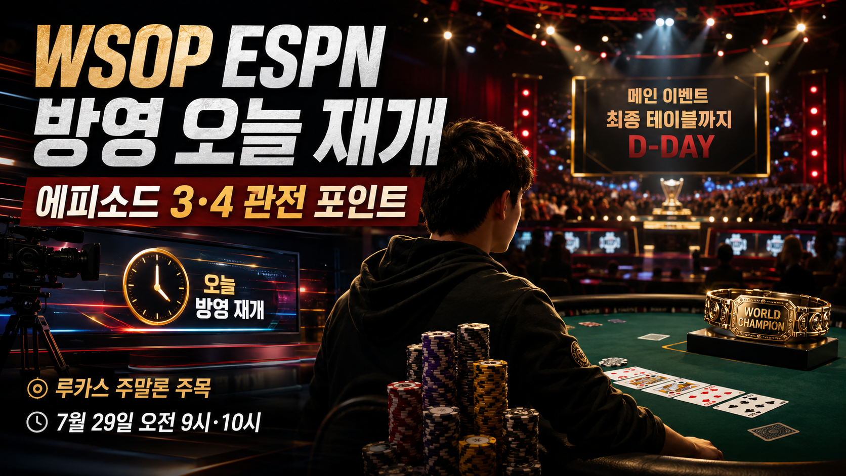 WSOP ESPN 방영 재개와 에피소드 3·4 관전 포인트를 정리한 포커 뉴스 이미지로 루카스 주말론과 메인 이벤트 최종 테이블을 강조