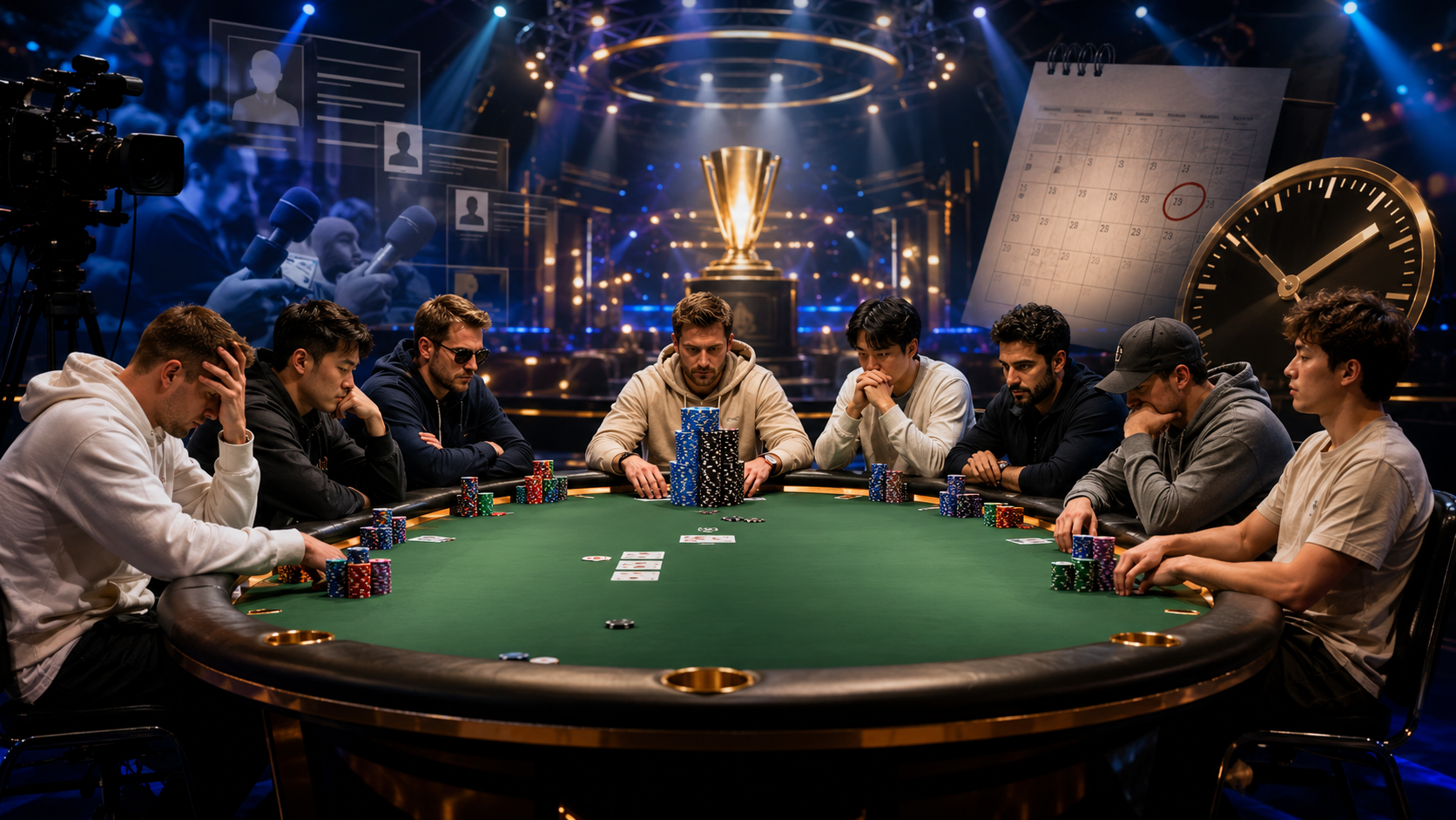 WSOP 파이널 테이블 9인 인터뷰 뉴스 이미지로 메인 이벤트 최종 9명의 휴식기 준비, 심리전, 우승 전략을 강조한 포커 썸네일