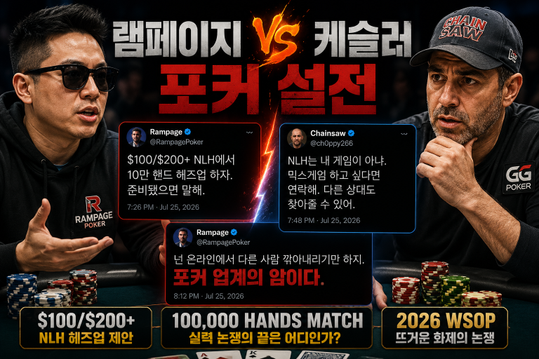 램페이지 케슬러 포커 설전 썸네일로 램페이지의 100달러 200달러 NLH 헤즈업 도전, 케슬러의 반응, 10만 핸드 실력 논쟁을 강조한 WSOP 포커 뉴스 이미지