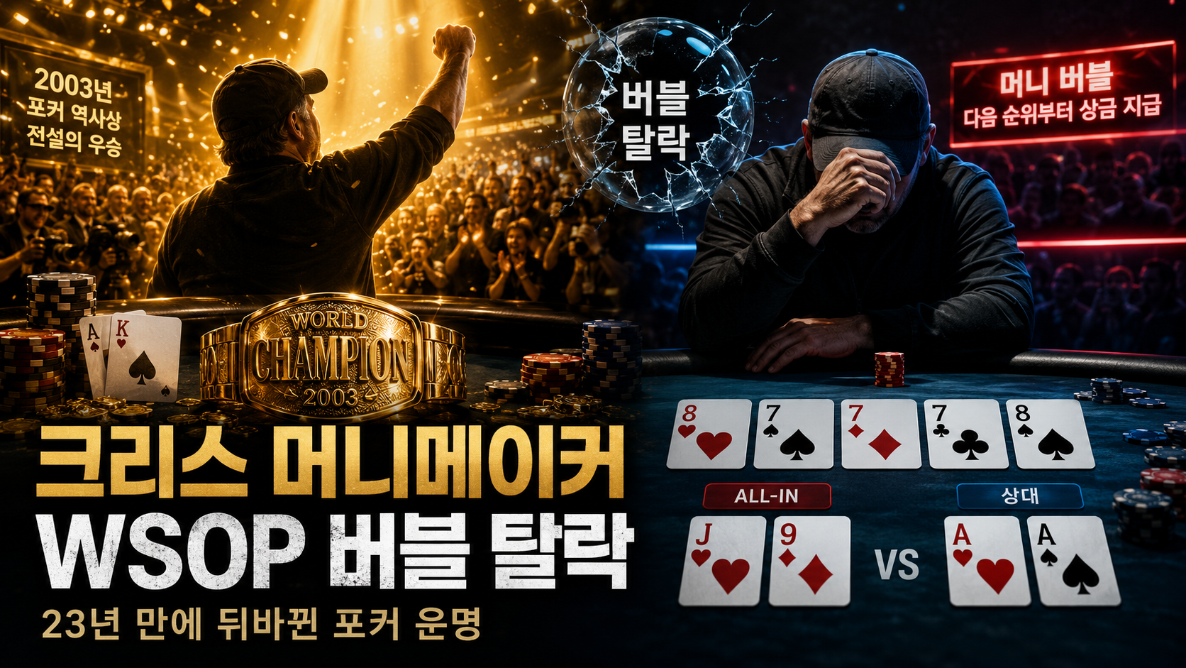크리스 머니메이커 WSOP 버블 탈락 뉴스 이미지로 2003년 메인 이벤트 우승자에서 머니 버블 탈락자로 뒤바뀐 포커 운명을 표현