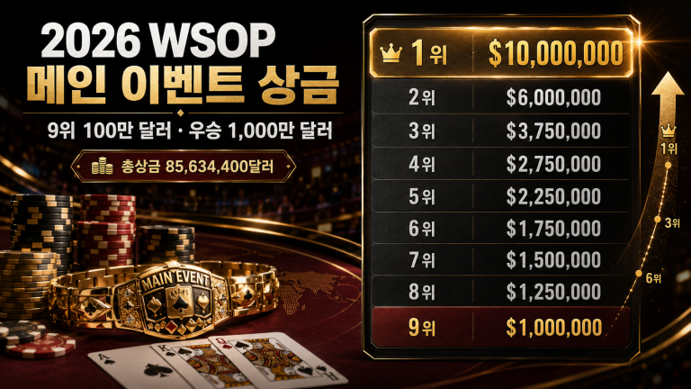 2026 WSOP 메인 이벤트 상금 분배표 썸네일로 총상금 8,563만 달러, 우승 상금 1,000만 달러, 파이널 테이블 9인 최소 보장 상금 100만 달러를 강조한 이미지