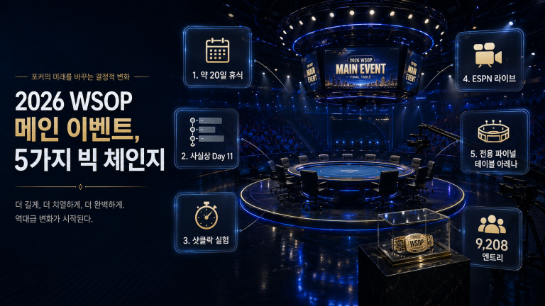 2026 WSOP 메인 이벤트 변화 썸네일로 약 20일 휴식, Day 11 파이널 테이블, 샷클락 실험, ESPN 라이브 중계, 전용 아레나, 9,208명 참가자를 정리한 이미지
