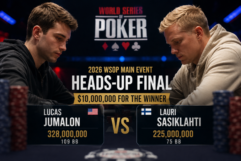 2026 WSOP 메인 이벤트 헤즈업 파이널 썸네일로 루카스 주말론 3억 2,800만 칩과 라우리 사시킬라흐티 2억 2,500만 칩이 1,000만 달러 우승 상금을 두고 대결하는 이미지