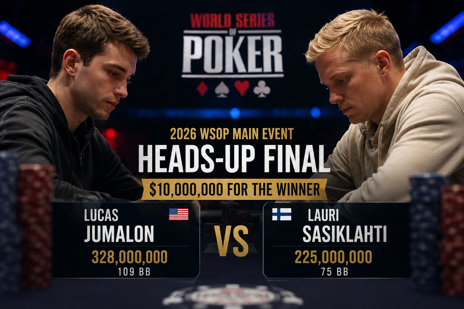 2026 WSOP 메인 이벤트 헤즈업 파이널 썸네일로 루카스 주말론 3억 2,800만 칩과 라우리 사시킬라흐티 2억 2,500만 칩이 1,000만 달러 우승 상금을 두고 대결하는 이미지