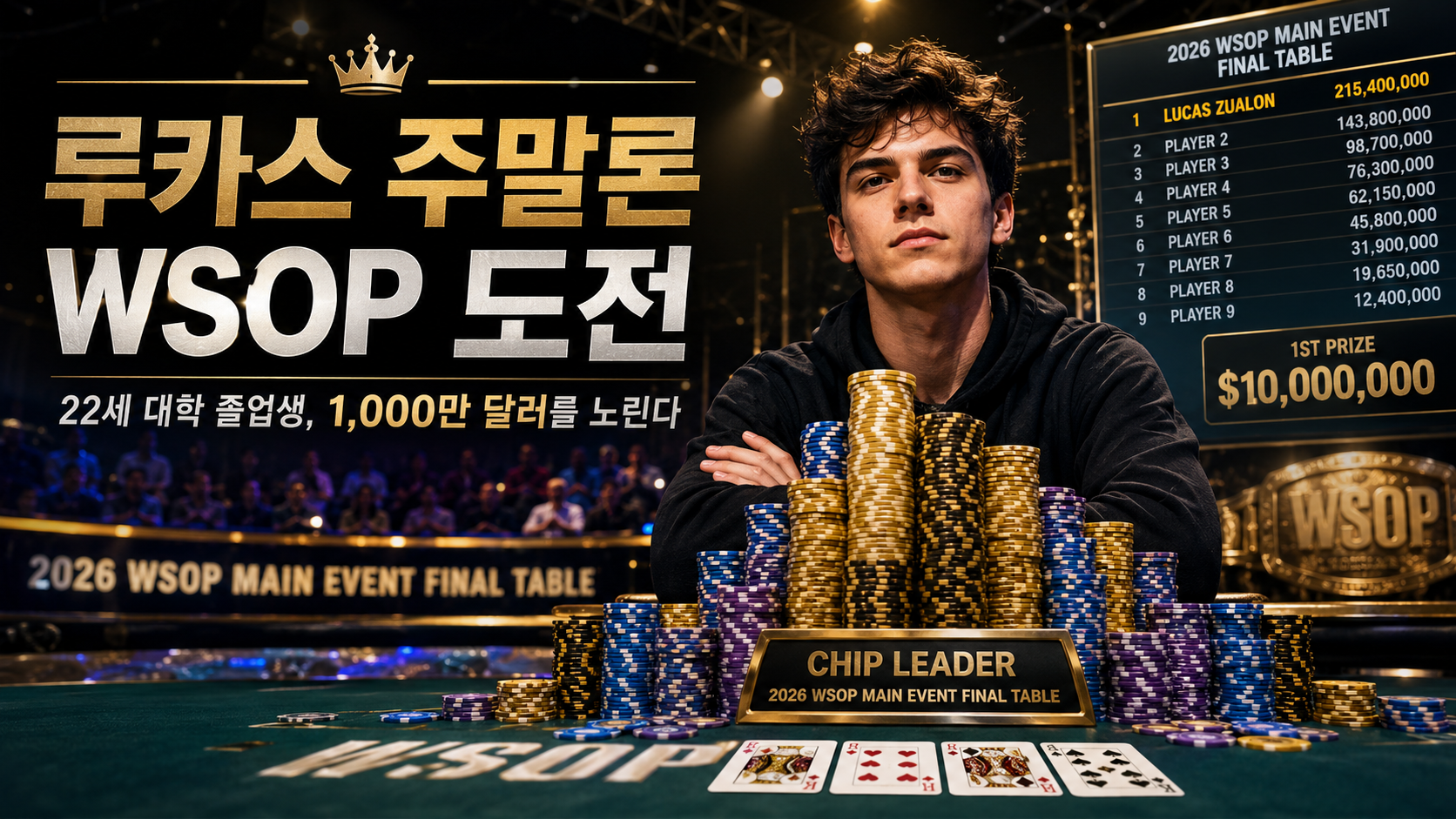 2026 WSOP 루카스 주말론 도전 썸네일로 메인 이벤트 파이널 테이블 칩리더, 215,400,000칩 선두, 22세 대학 졸업생의 1,000만 달러 우승 도전을 강조한 이미지