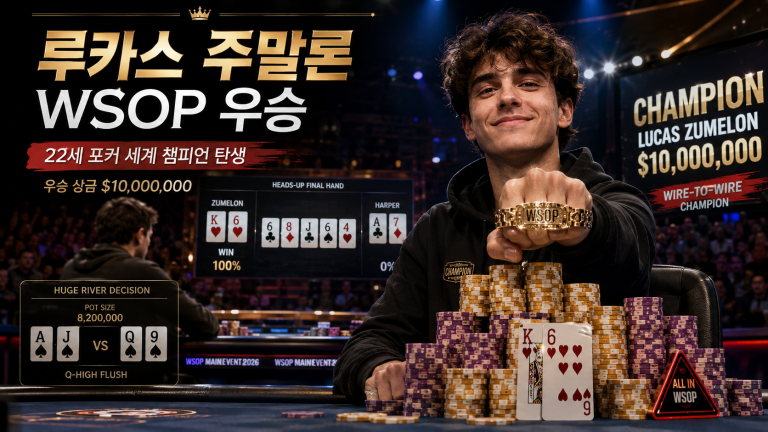 루카스 주말론 WSOP 2026 우승 썸네일로 22세 포커 세계 챔피언 탄생, 우승 상금 1,000만 달러, WSOP 브레이슬릿, 헤즈업 결승 최종 핸드를 강조한 이미지