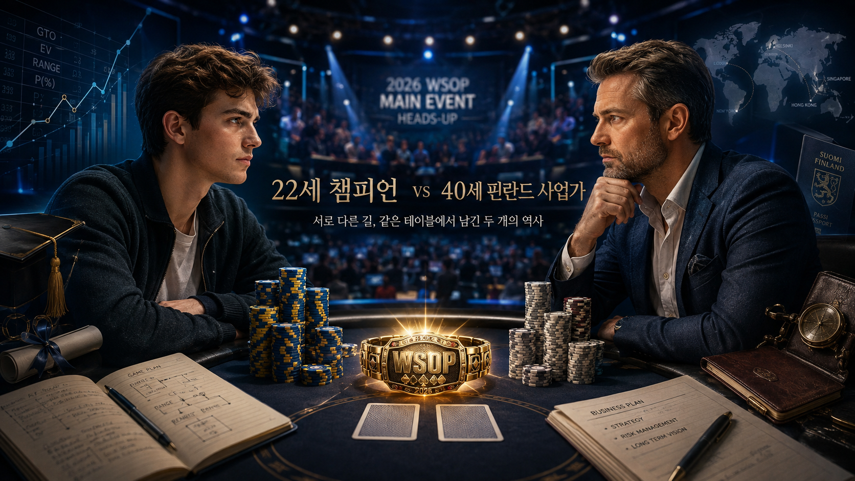 2026 WSOP 메인 이벤트 헤즈업 결승 썸네일로 22세 챔피언 루카스 주말론과 40세 핀란드 사업가 라우리 사스킬라흐티의 최종 대결을 보여주는 이미지